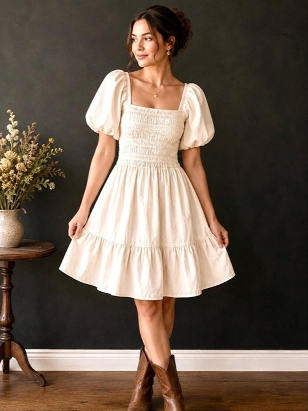 Eliza J Cream Smocked Puff Sleeve Tiered Mini Dress with Pockets 4